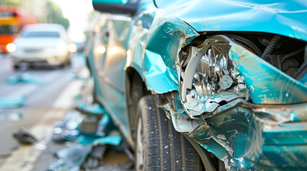 Close-up of a heavily damaged teal car with a crumpled front end after a crash, with blurred traffic in the background.