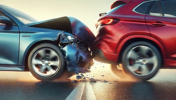 Close-up side view of a rear-end collision between a red and blue SUV.

1055299860