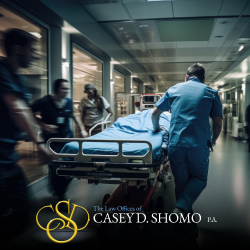 Hospital staff rushing a personal injury victim down a hallway to the ER on a stretcher