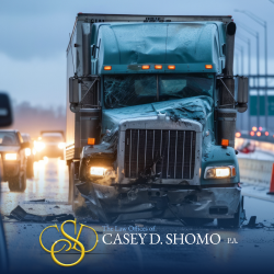 A smashed up truck on a highway in West Palm Beach after a weather-related accident