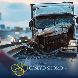 A white semi-truck involved in a truck accident with extensive front damage and a shattered windshield